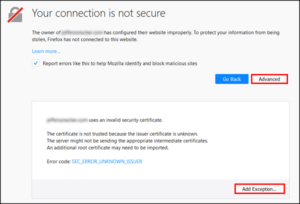 firefox your connection is not secure sec_error_unknown_issuer adguard